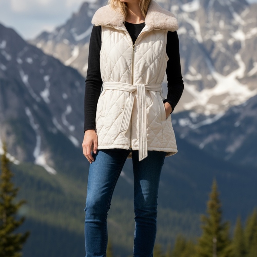 Anne Klein Cream Quilted Vest with Belt - Picture 2 of 4